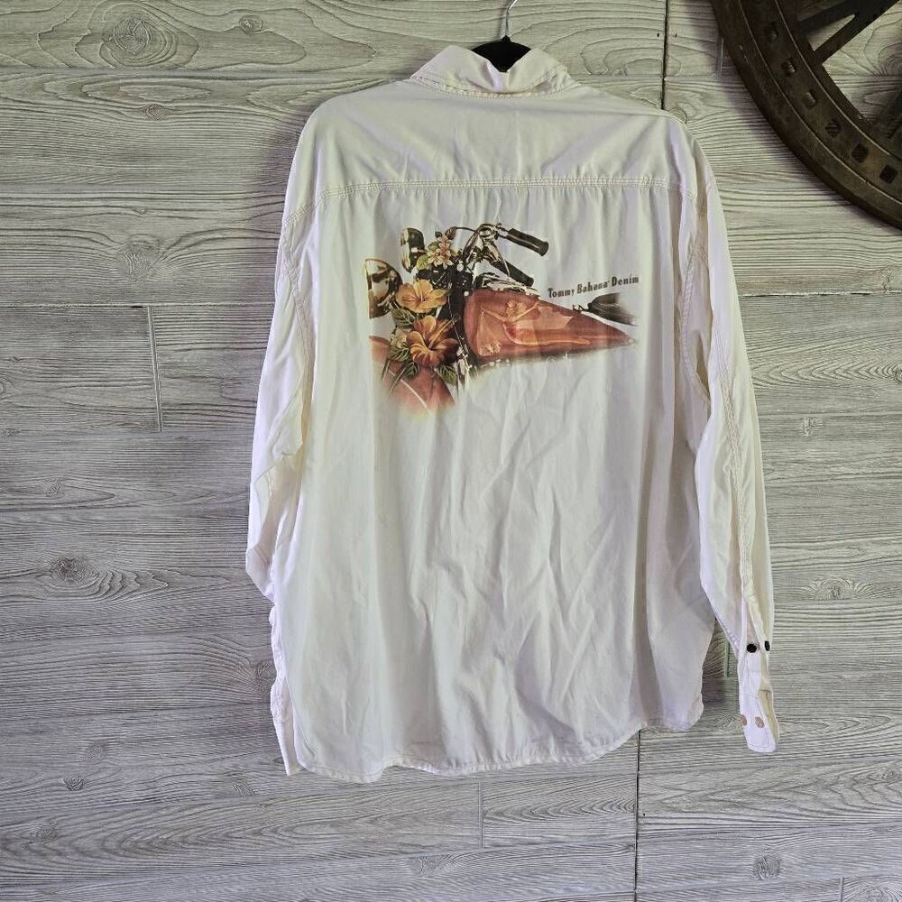 Tommy Bahama Denim Motercycle Hawiian Button Down Mens SZ XXL White Long Sleeve